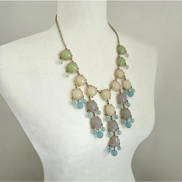 Statement Necklace Chunky Pastel Beaded Goldtone Runway Maximalist Cocktail Glam - Picture 13 of 13